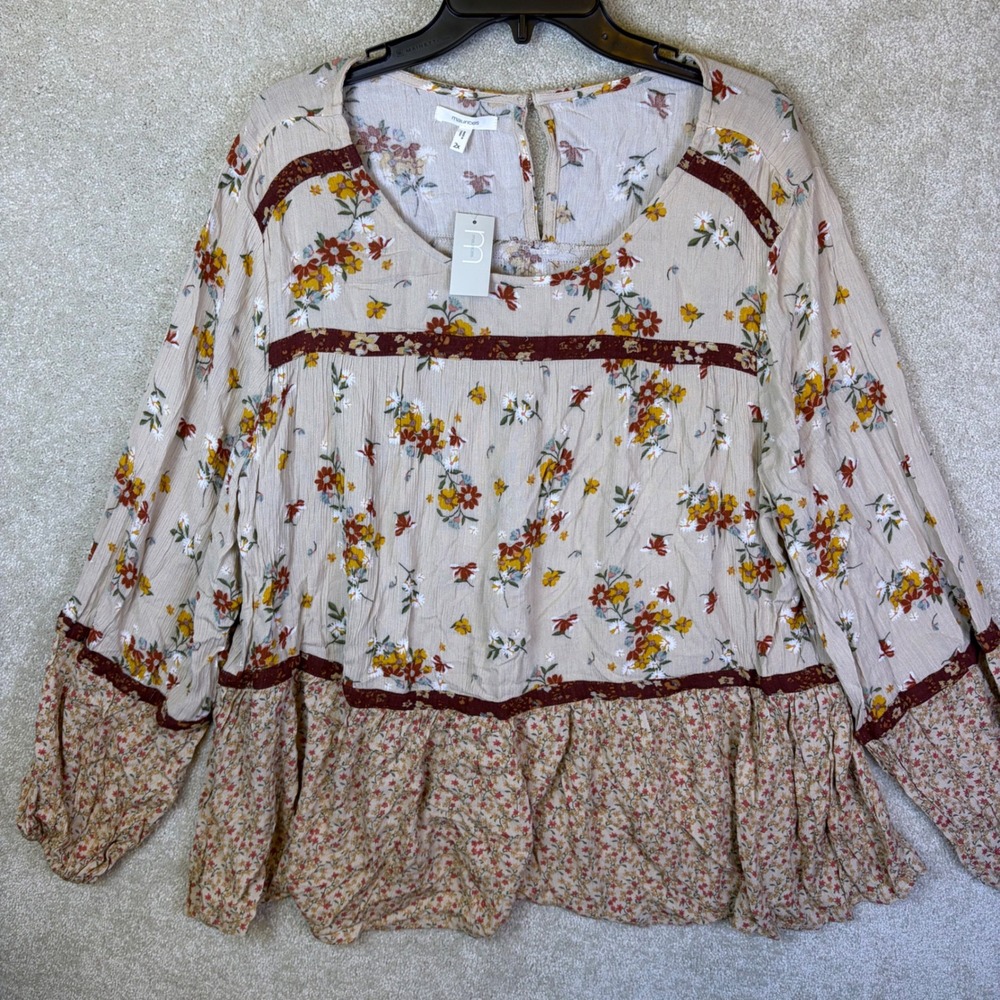 Maurices Blouse Womens 2X Tan Floral Rayon Tiered Long Sleeve Peasant Top NEW